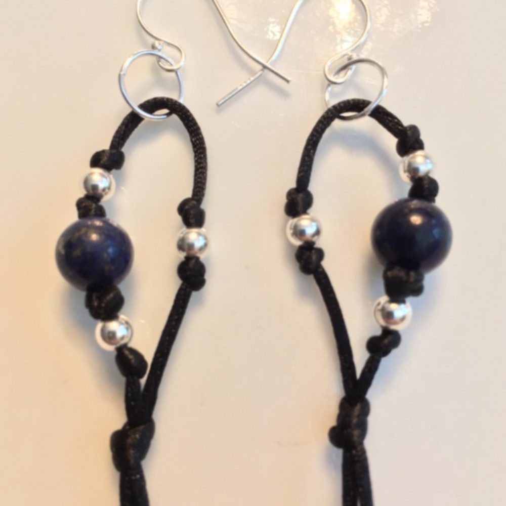 HAND CRAFTED Blue Lapis Beads and Sterling Beads Black Satin Sterling Earrings - Picture 4 of 6